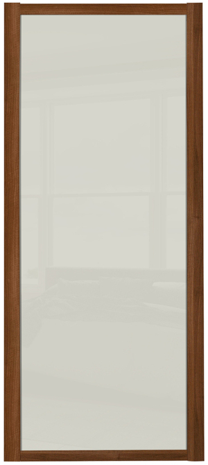 Shaker Single panel, walnut framed, arctic white glass door