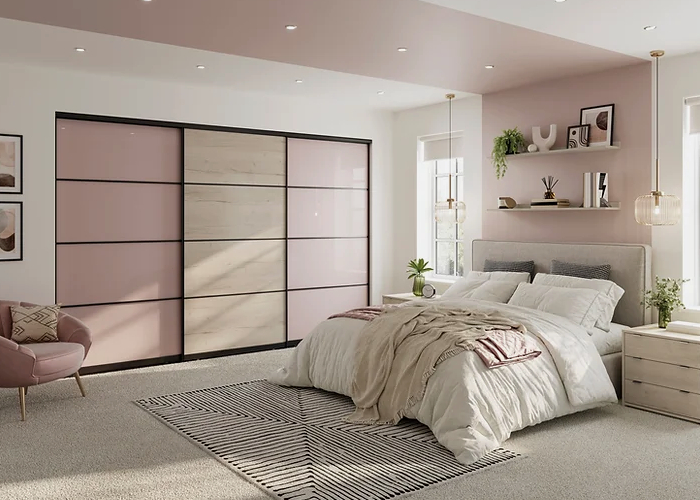 Rose Quartz Glass and White Halifax Oak Sliding Wardrobe Doors Image